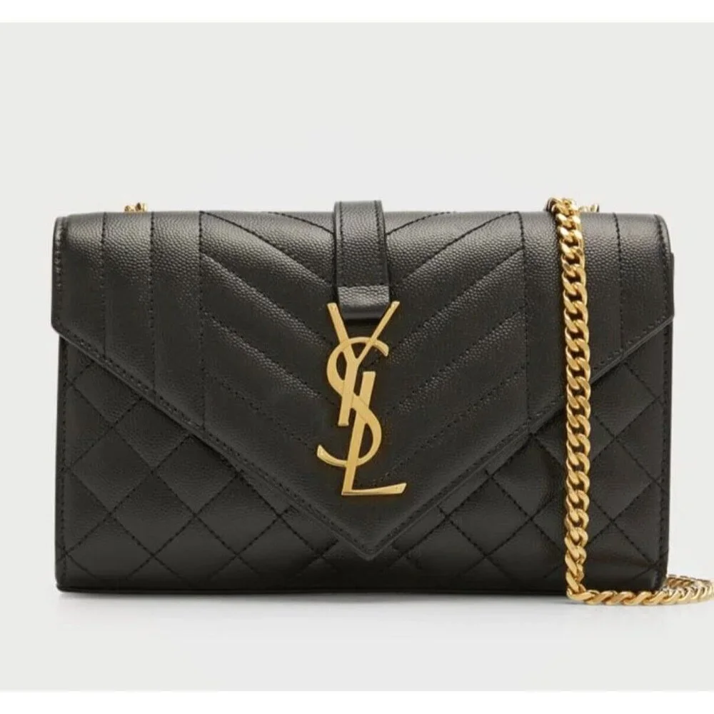 AUTHENTIC YSL SAINT LAURANT ENVELOPE SMALL IN QUILTED GRAIN EMBOSSED LEATHER - Picture 1 of 12